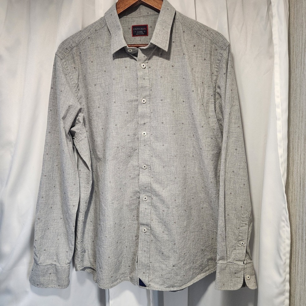 Men's UNTUCKit Long Sleeve Gray Button Down Shirt Size XL Cotton Flower Dots